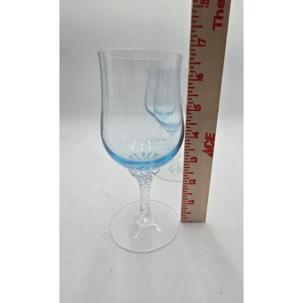 3 set Vintage Blue Tinted Wine Glasses  Twisted Spiral Stem‎ Tulip Water Goblets
